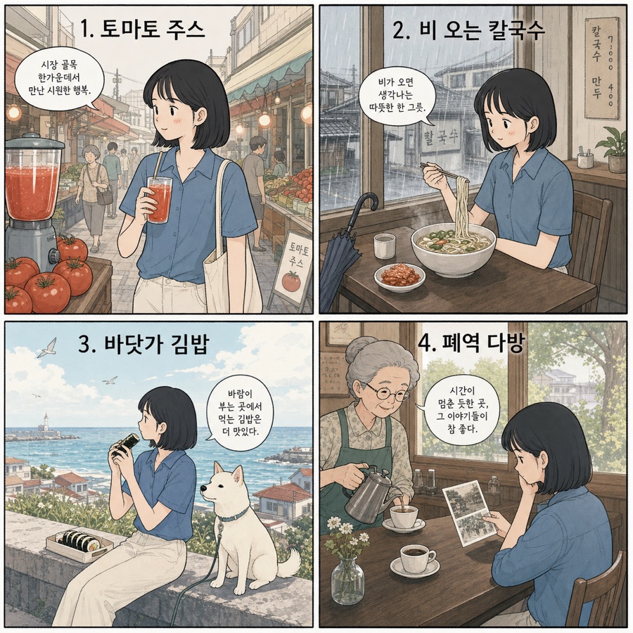 잔잔한 여행 음식 에세이툰 느낌 예시