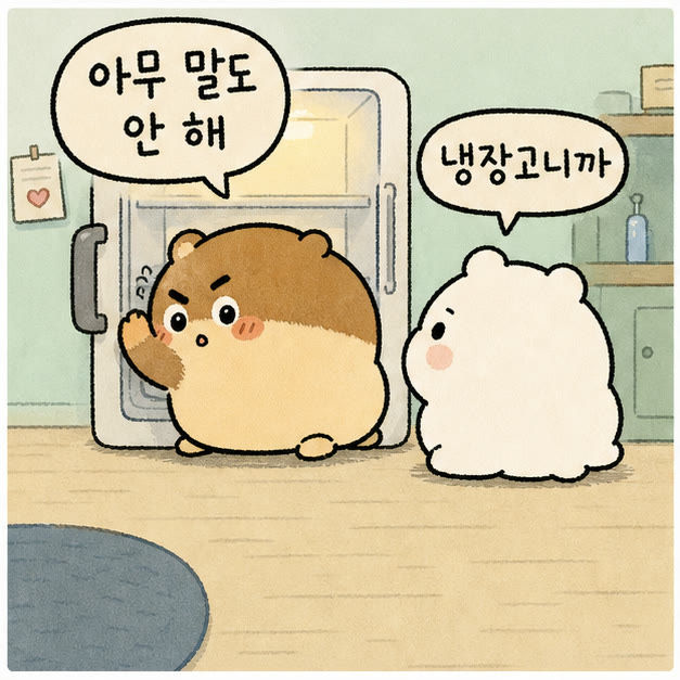 냉장고를 보며 대화하는 인스타툰 컷